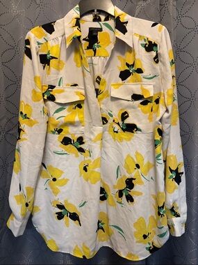 Ann Taylor White Blouse with Yellow, Black & Green Floral Print